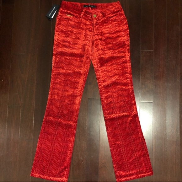 Valentino Pants - Valentino Red Crushed Velvet Jeans with Branded Button Vintage